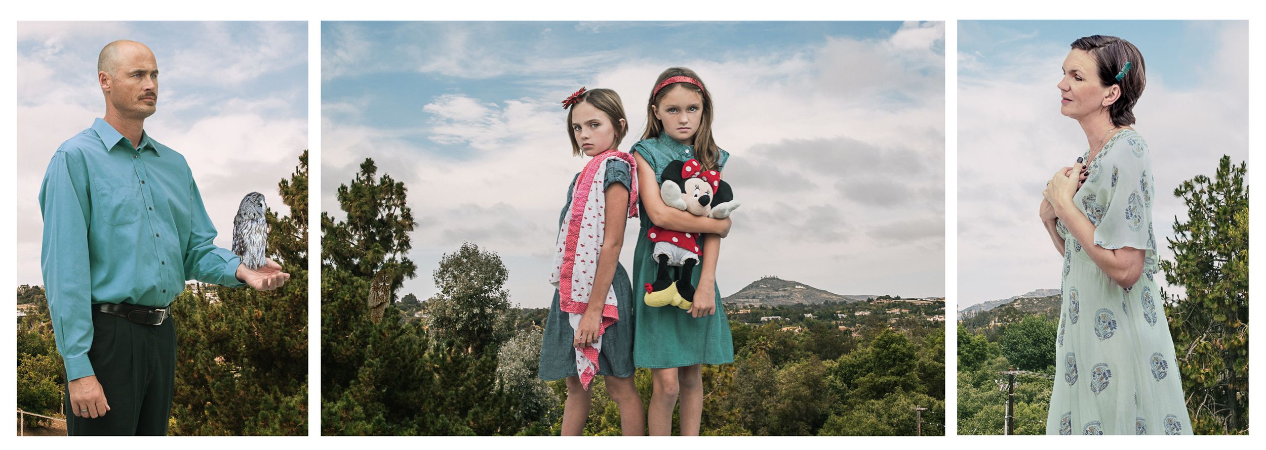 Triptych portrait of a family with two girls holding a Mickey Mouse toy outdoors.