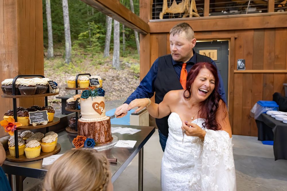 A sequence of four photos showing a couple enjoying a rustic outdoor cooking and dining experience in nature.