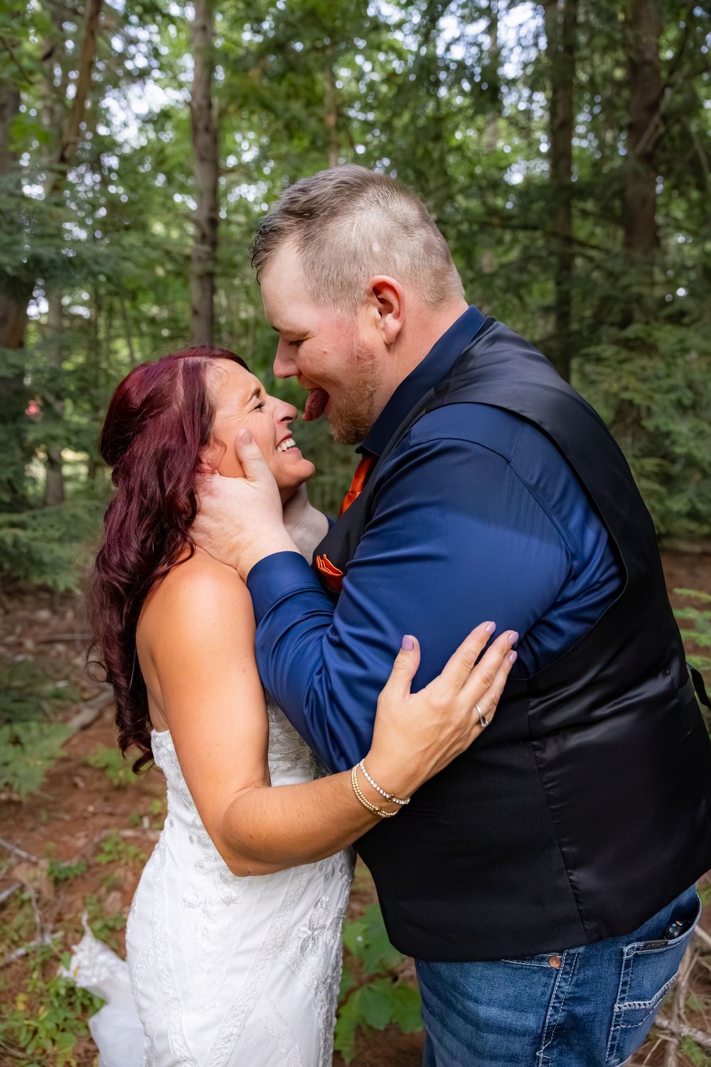 A romantic photoshoot sequence shows a couple in wedding attire sharing tender embraces in a wooded outdoor setting.