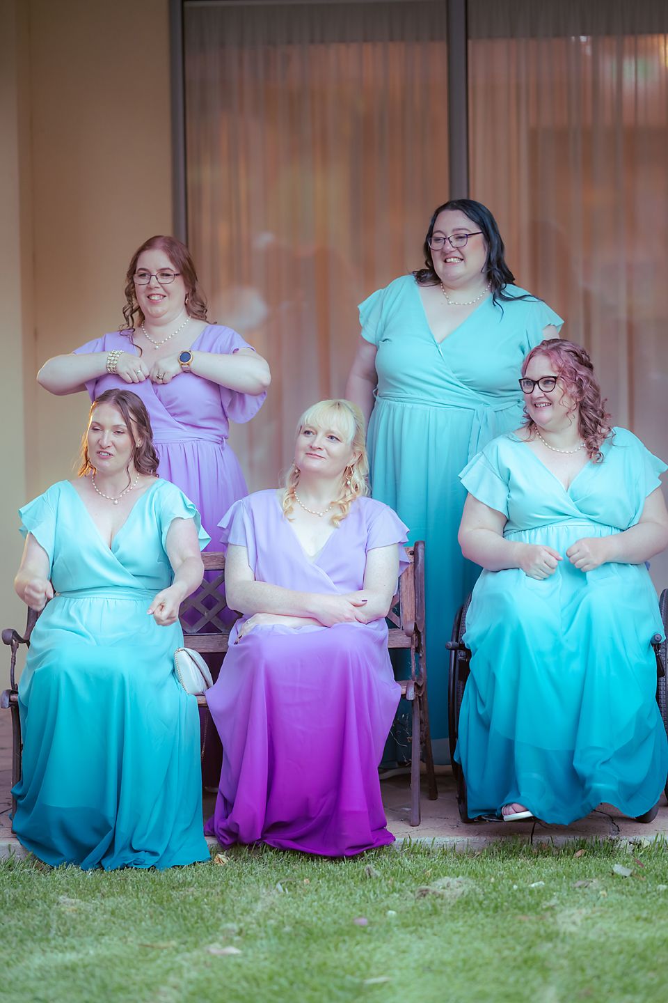 A series of women in purple and turquoise dresses sitting together in a candid style photo progression.