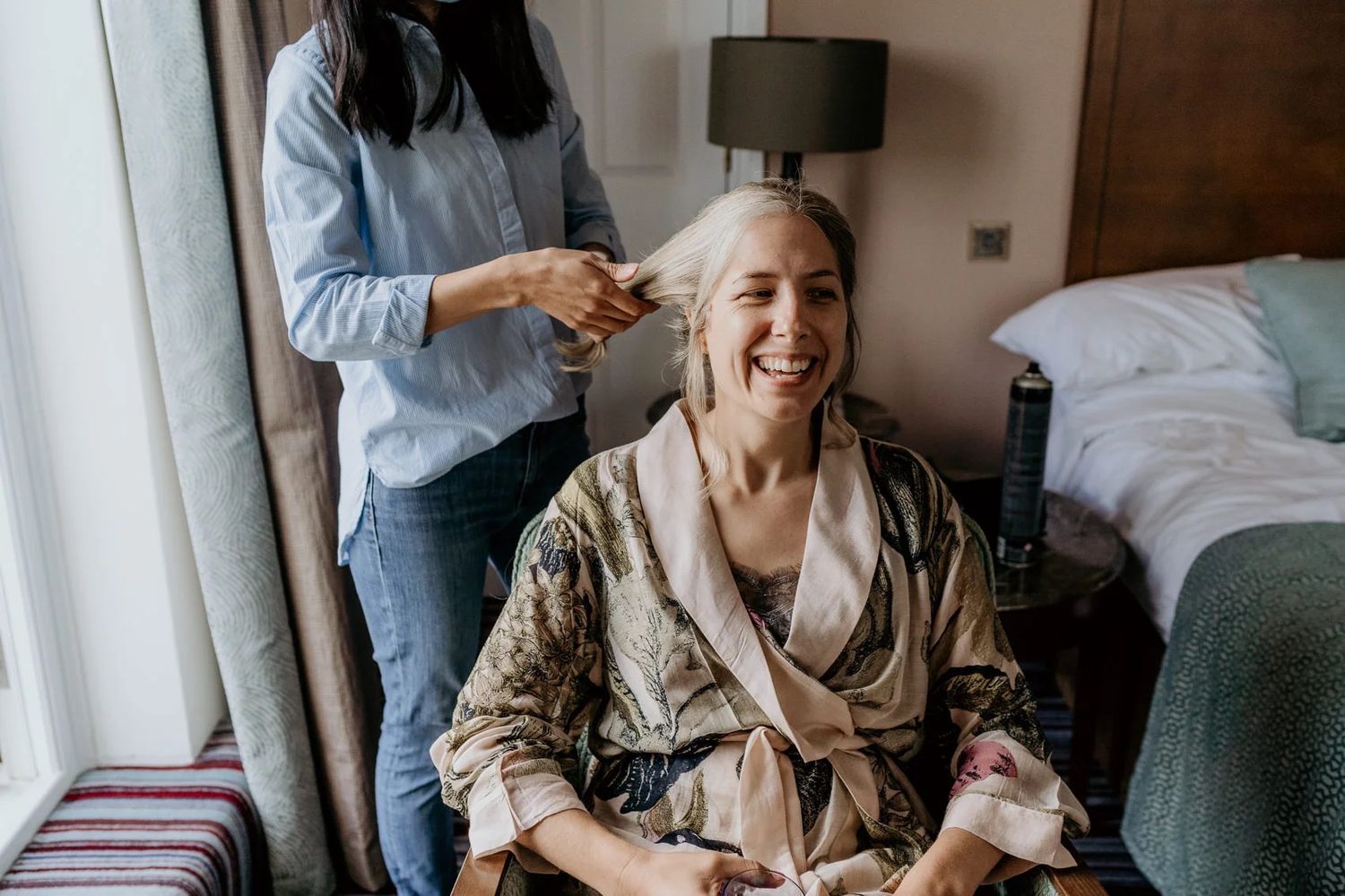 Candid moments captured in a bright interior room with natural lighting.