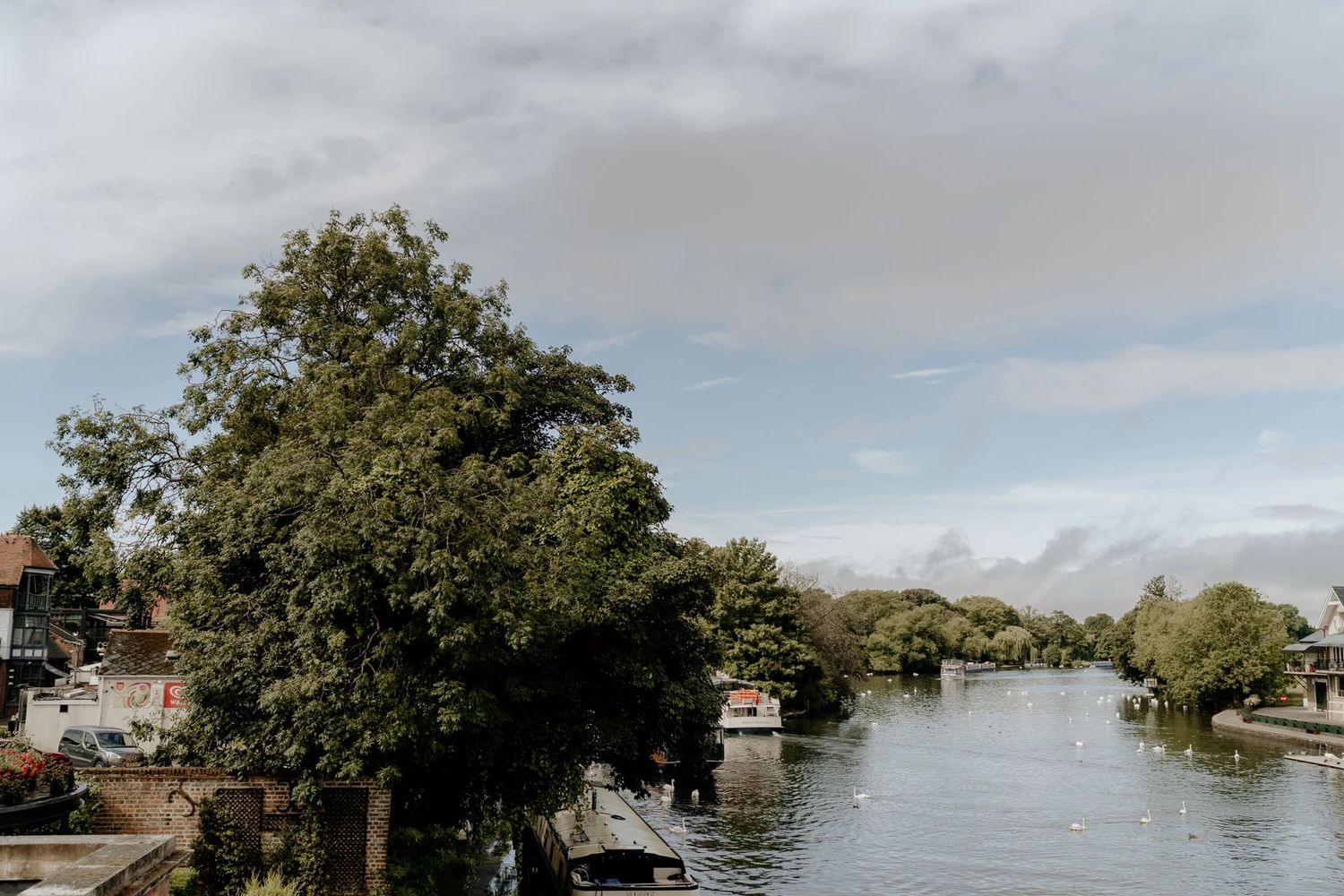 Panoramic view of flooded neighborhood with trees and houses partially submerged in water.