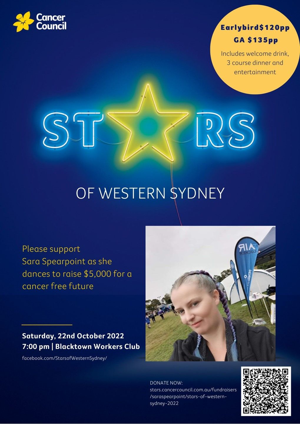 Cancer fundraising event promotional banners with blue starry background and QR codes.