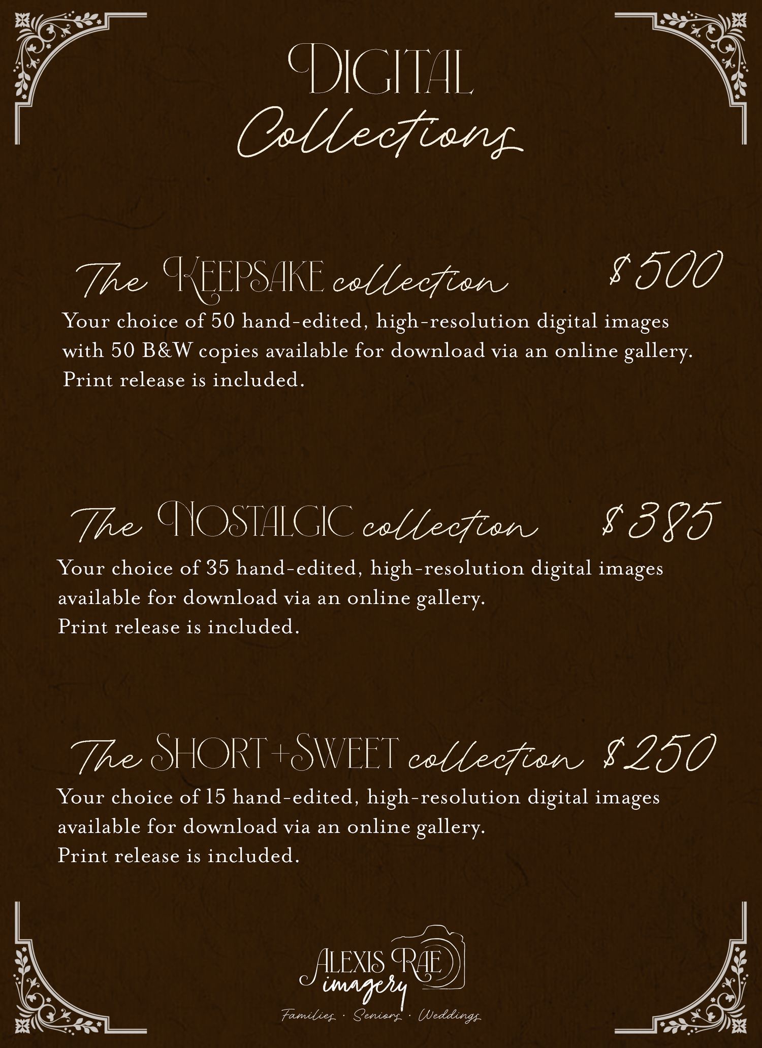 Brown vintage-style digital photography pricing menu cards with ornate borders showing collection names and prices.
