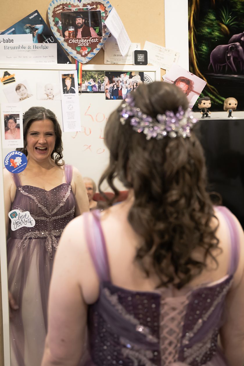 Sequential photos of bridesmaids in purple sparkly dresses laughing and smiling together in preparation room.