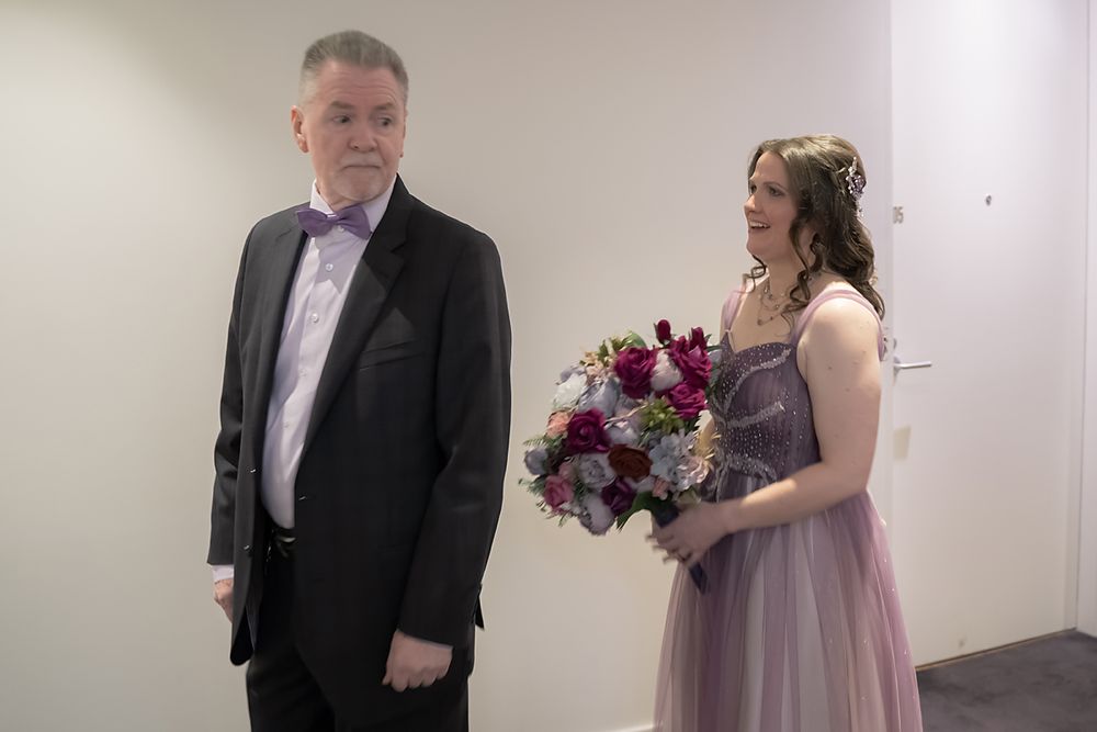 A sequence of wedding photos showing a couple in formal attire with purple and pink floral bouquets in a white room.