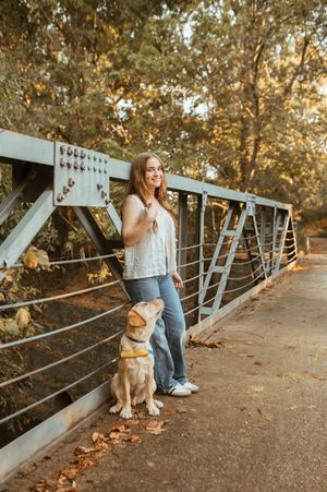 A golden retriever dog and its owner enjoy an autumn stroll together on a scenic bridge path covered in fallen leaves.