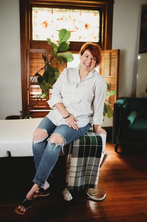 A sequence of five photos showing someone lounging casually in a plaid armchair against dark hardwood floors and window light.