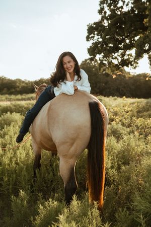Rider sits bareback on a brown horse in a sunlit meadow during golden hour against a nature backdrop.