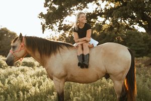 A person sits bareback on a cream-colored horse in a sunlit field at golden hour.