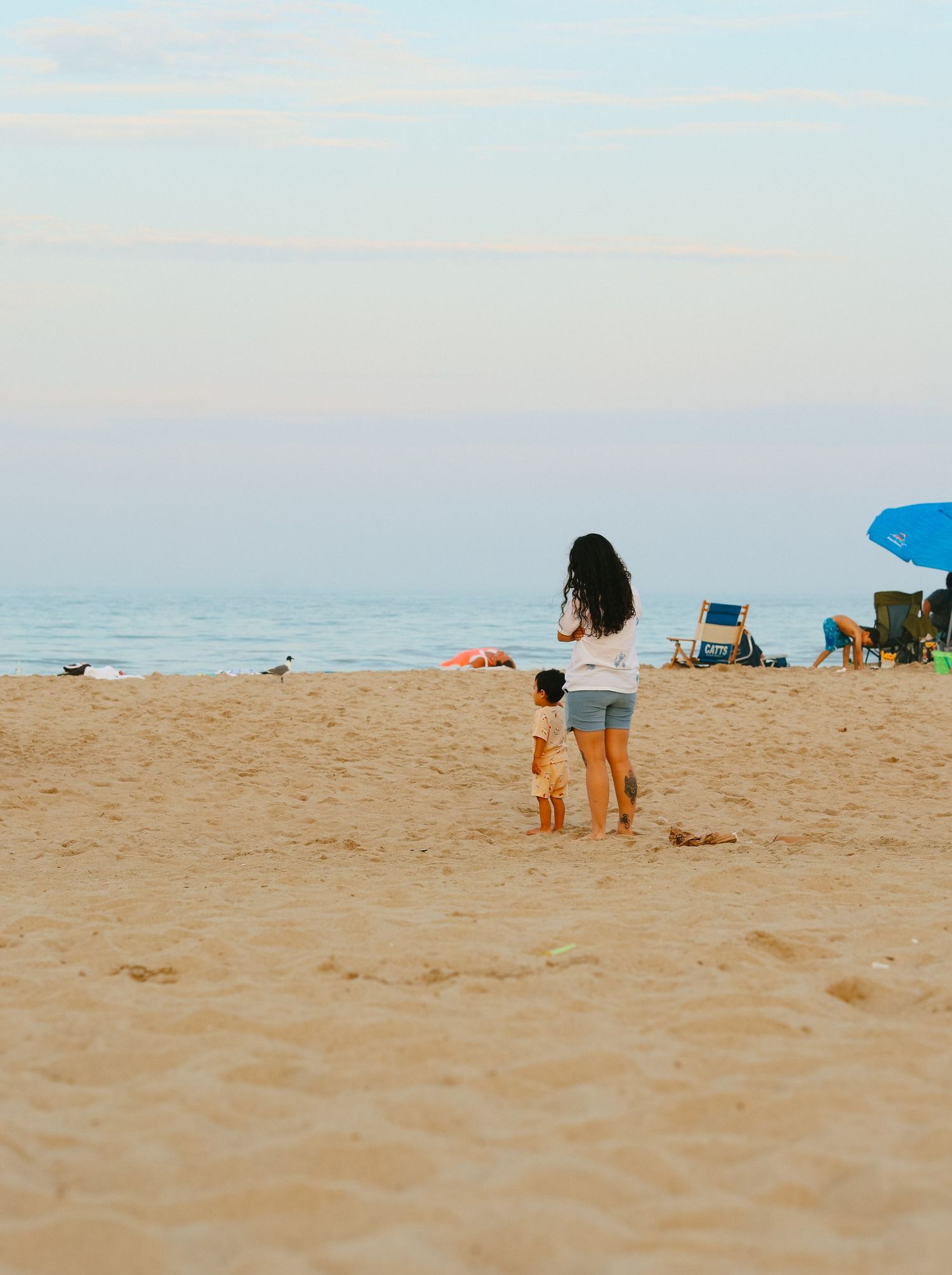 Two beachgoers stand together on a sandy shore as seagulls wander nearby under a soft evening sky.