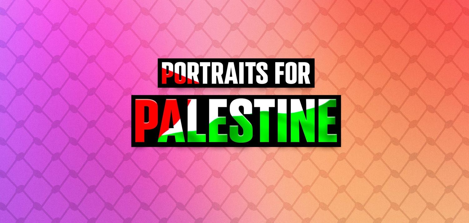 A series of three identical pink and orange gradient banners with text reading 'Portraits for Palestine'.