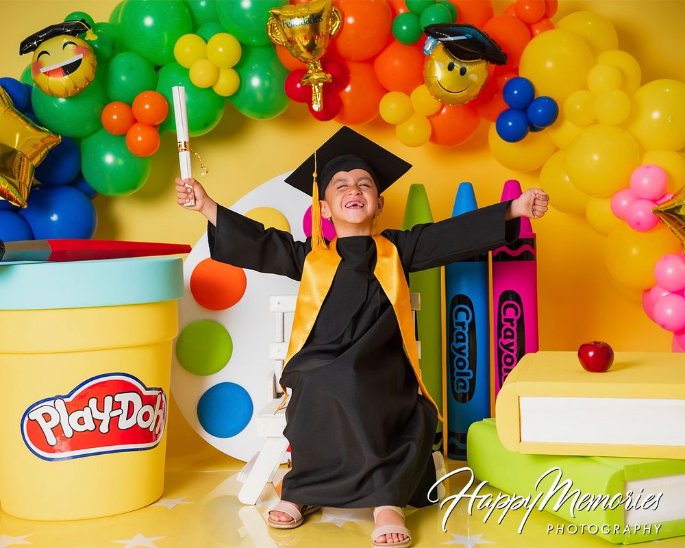 Artistic graduation photo collage with school supplies and colorful party decorations.