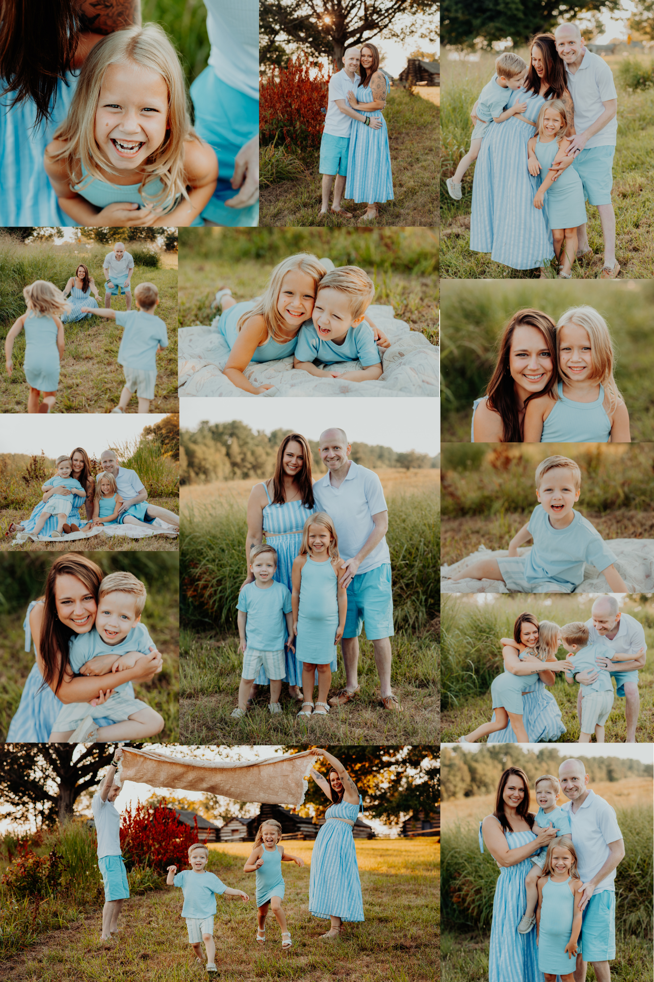 Family portrait collage with everyone wearing coordinating light blue outfits in an outdoor nature setting at sunset.