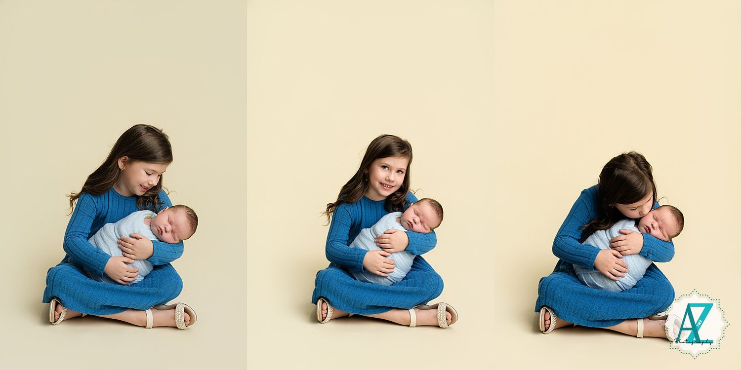 A series of progressive photos showing an infant being gently placed in a curved blue prop for a newborn photoshoot.