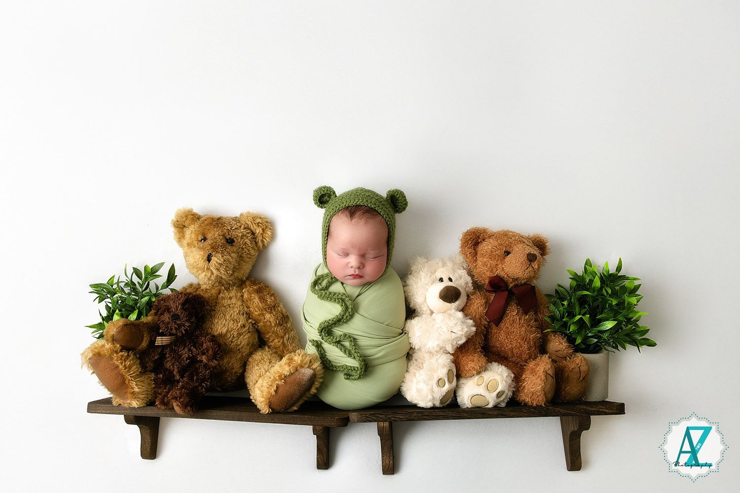 A rustic wooden shelf displays an assortment of plush teddy bears and stuffed animals arranged in a decorative row.