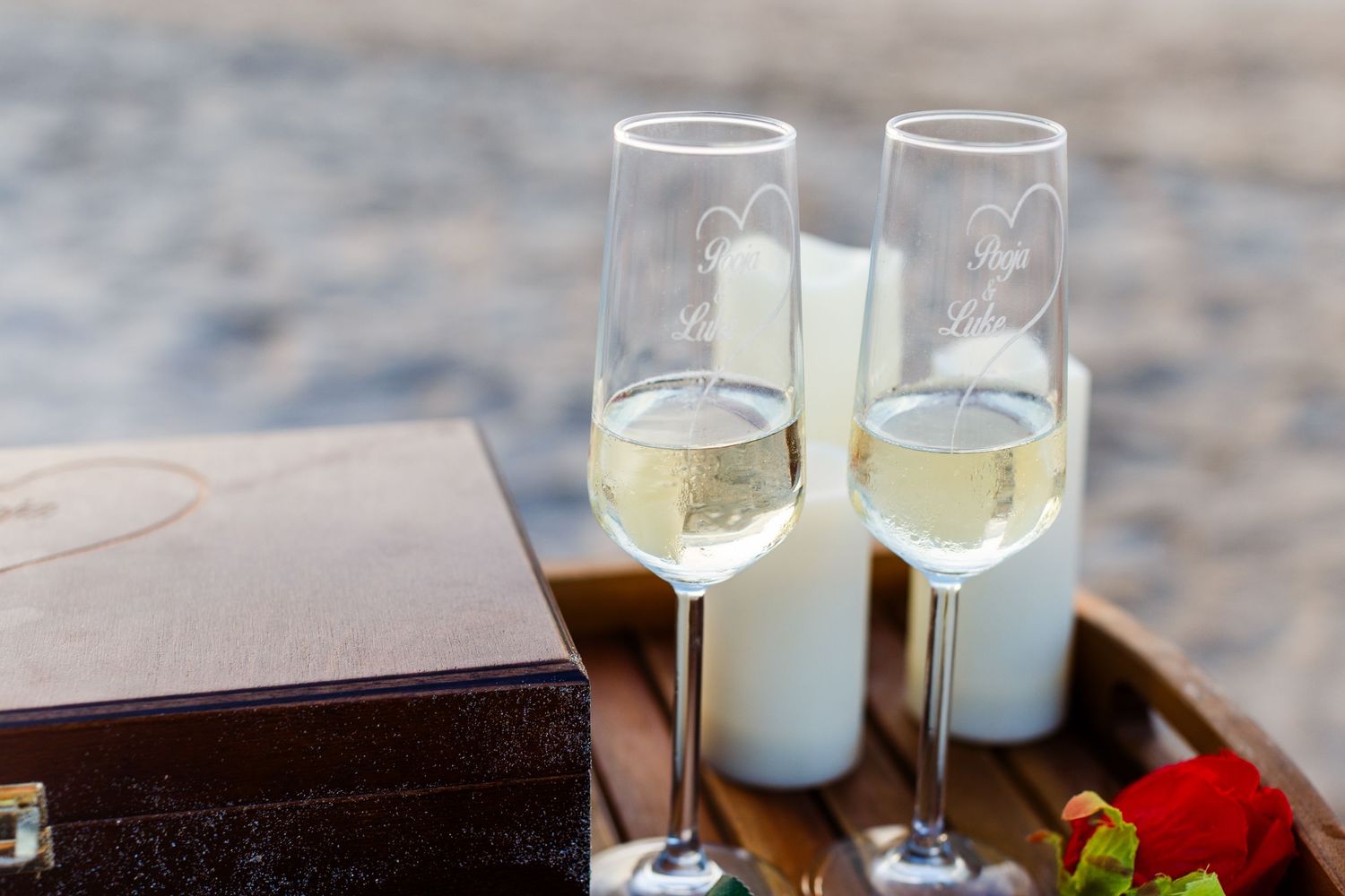 Champagne glasses. Marriage proposal on the beach in Isla Verde, Carolina, Puerto Rico.