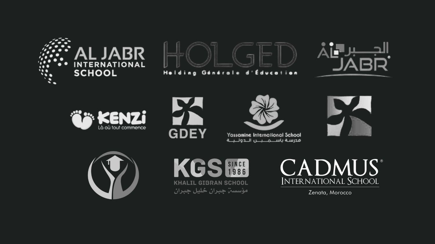 Logos des écoles partenaires de MC Studios pour la photographie scolaire au Maroc – Al Jabr, Holged, KGS, Cadmus et autres