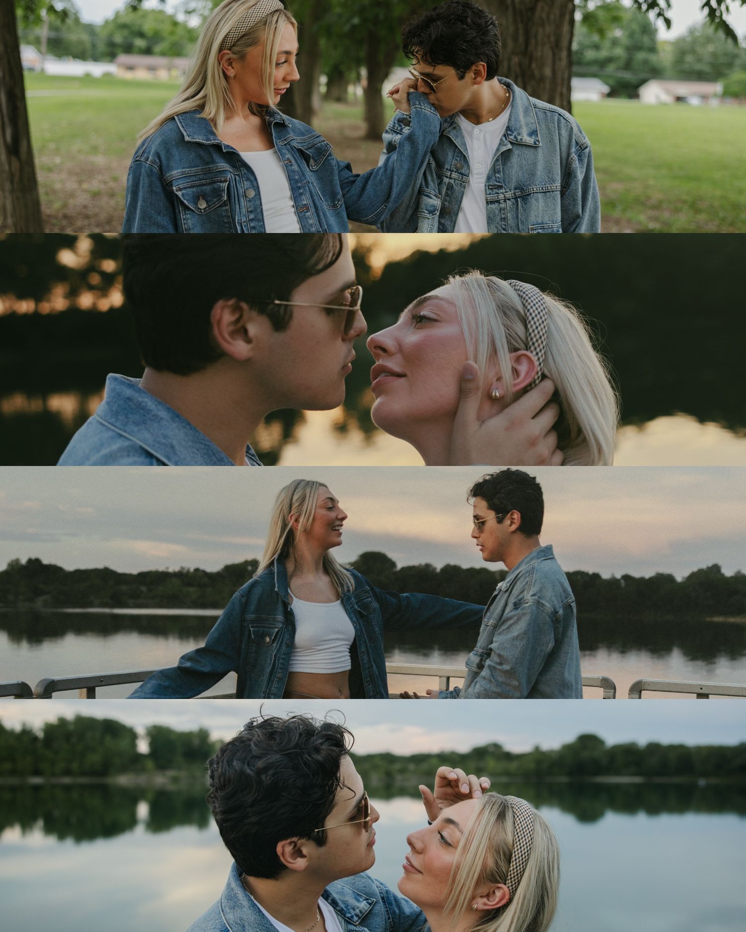 Romantic couple shares tender moments by a lake at sunset in a series of intimate poses and embraces.