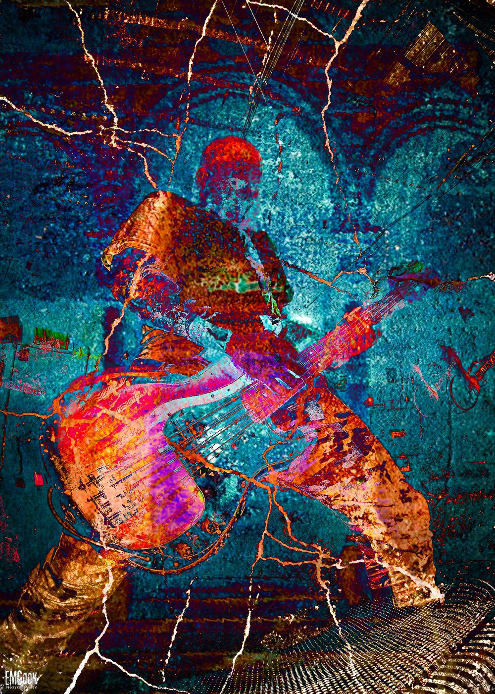 Abstract panoramic artwork with vibrant orange and teal colors featuring dynamic swirling patterns and textured elements.