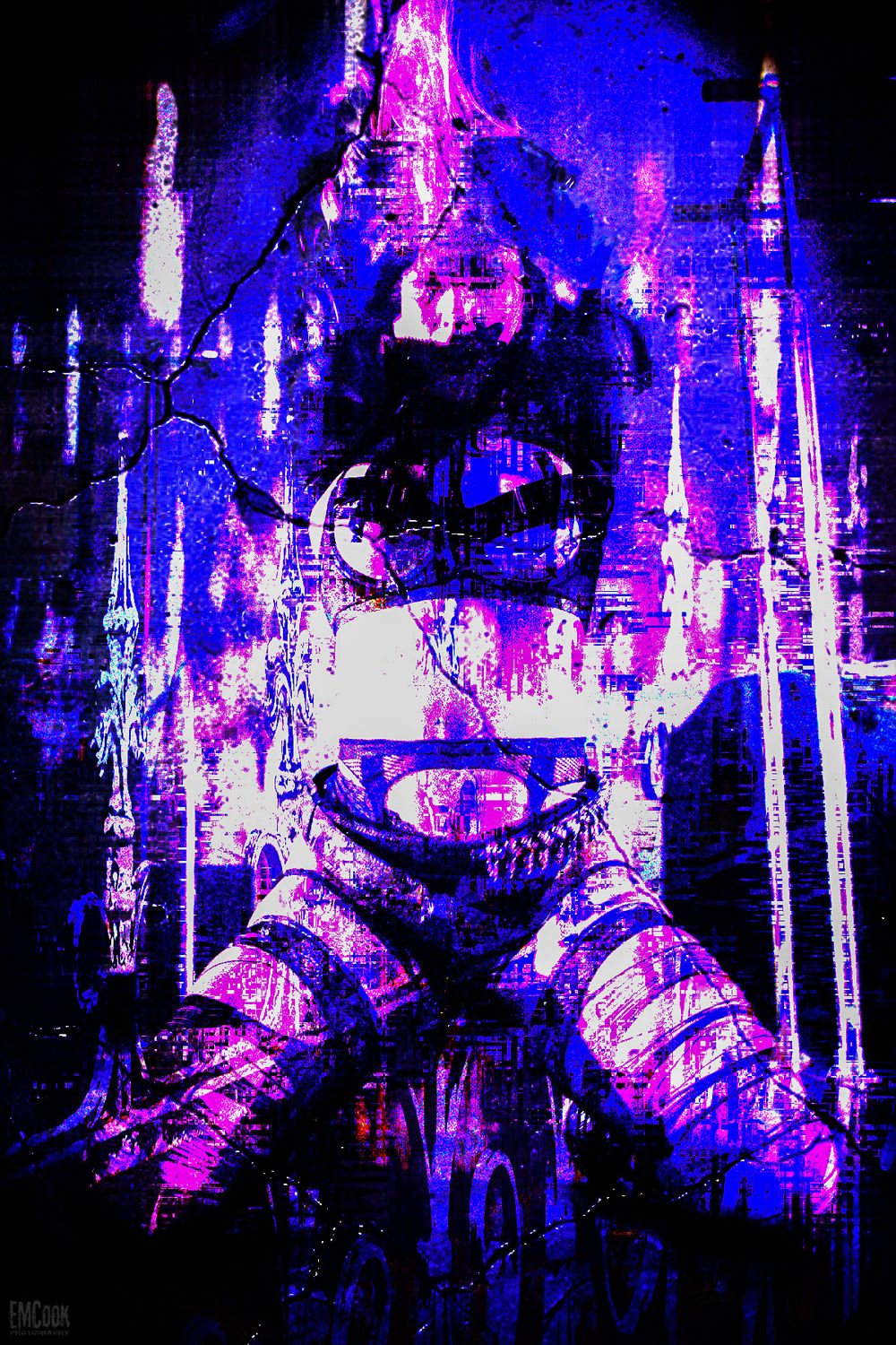 Abstract digital artwork featuring glowing blue and purple streaks against a dark background creating a cyberpunk aesthetic.