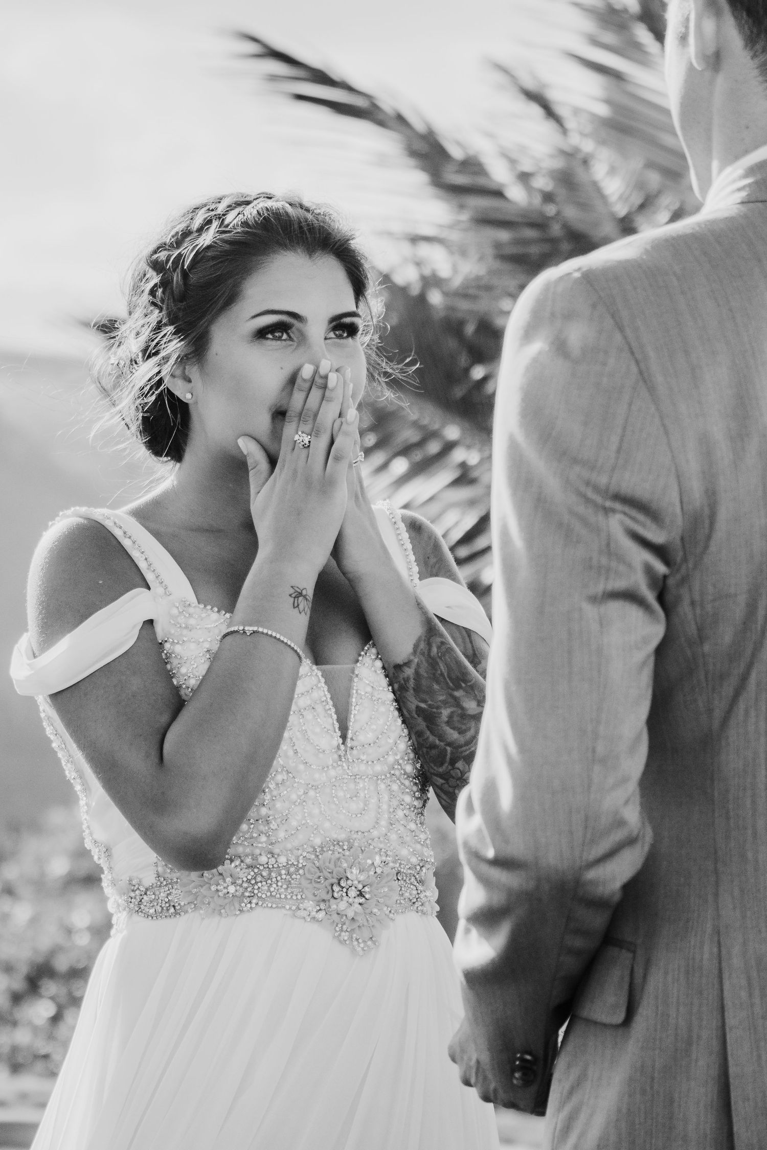 Black and white emotional wedding ceremony moments captured outdoors. Maui Hawaii Oahu Kaneohe Bay wedding military