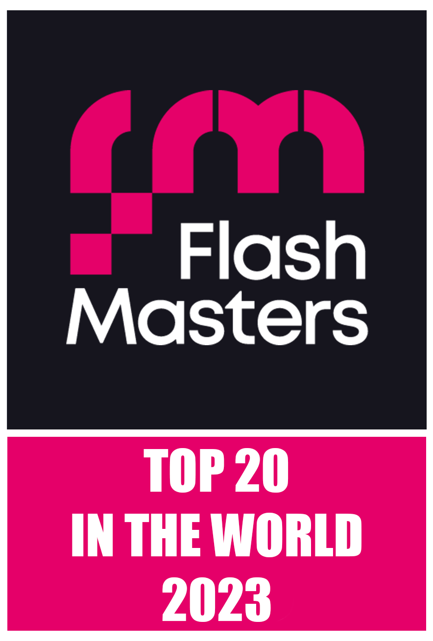 Flash Masters Top 20 2023 text logo design in black and pink colors.