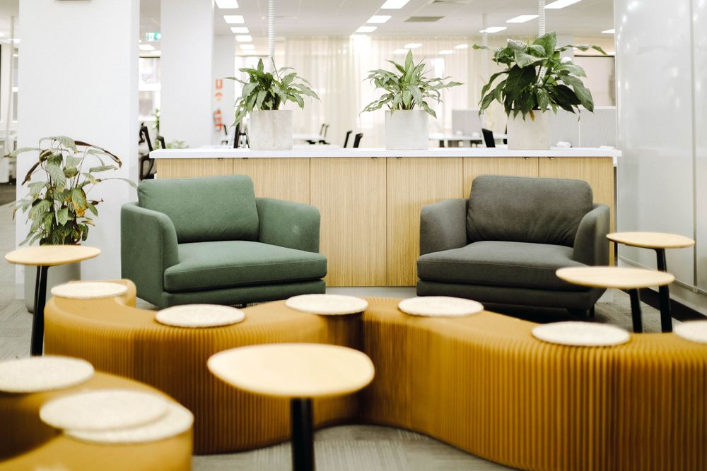 Modern office lounge area with green armchairs and wooden accent furniture.