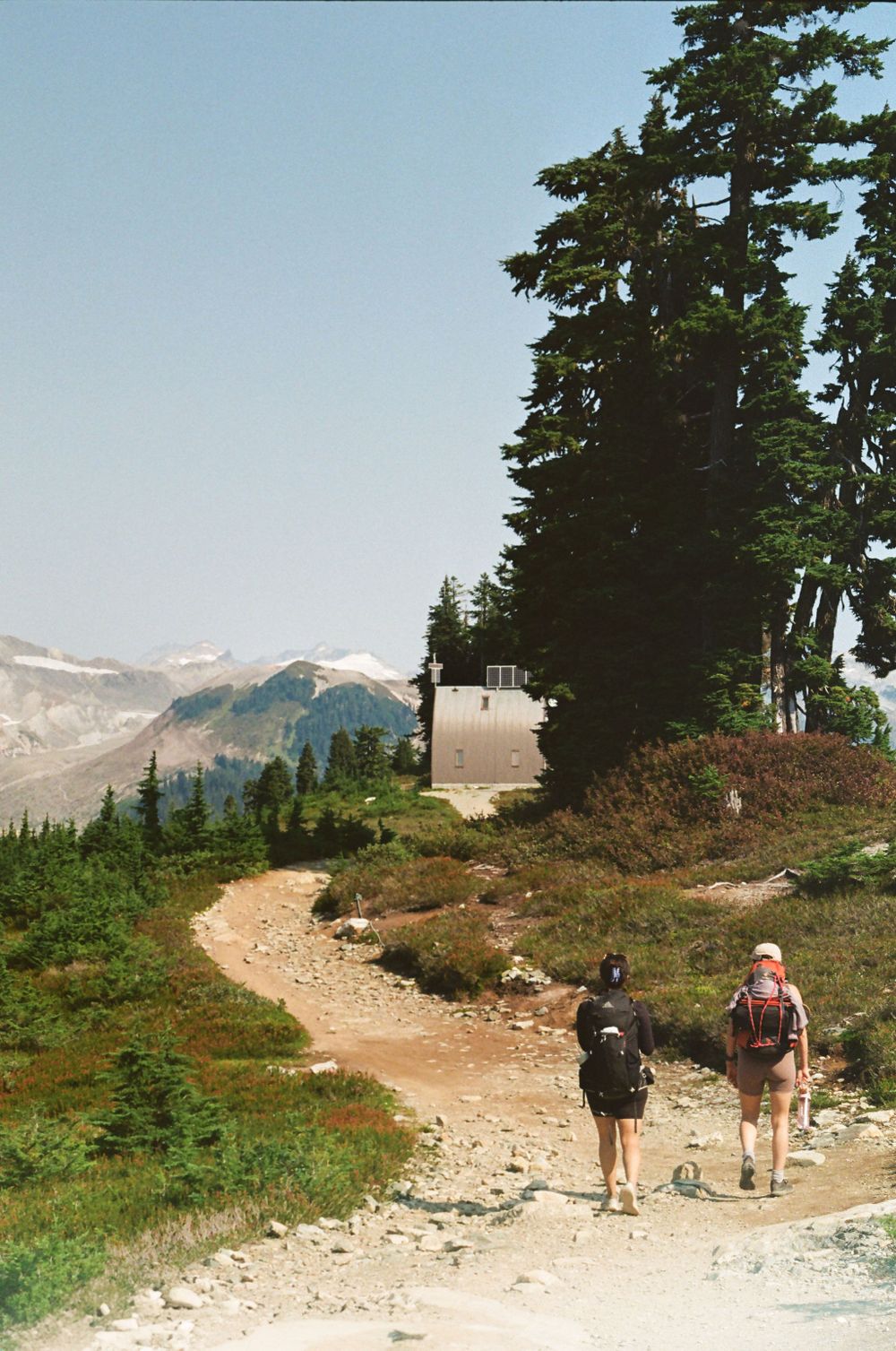 Rocky hiking trail winding through alpine meadows with distant mountain peaks.
