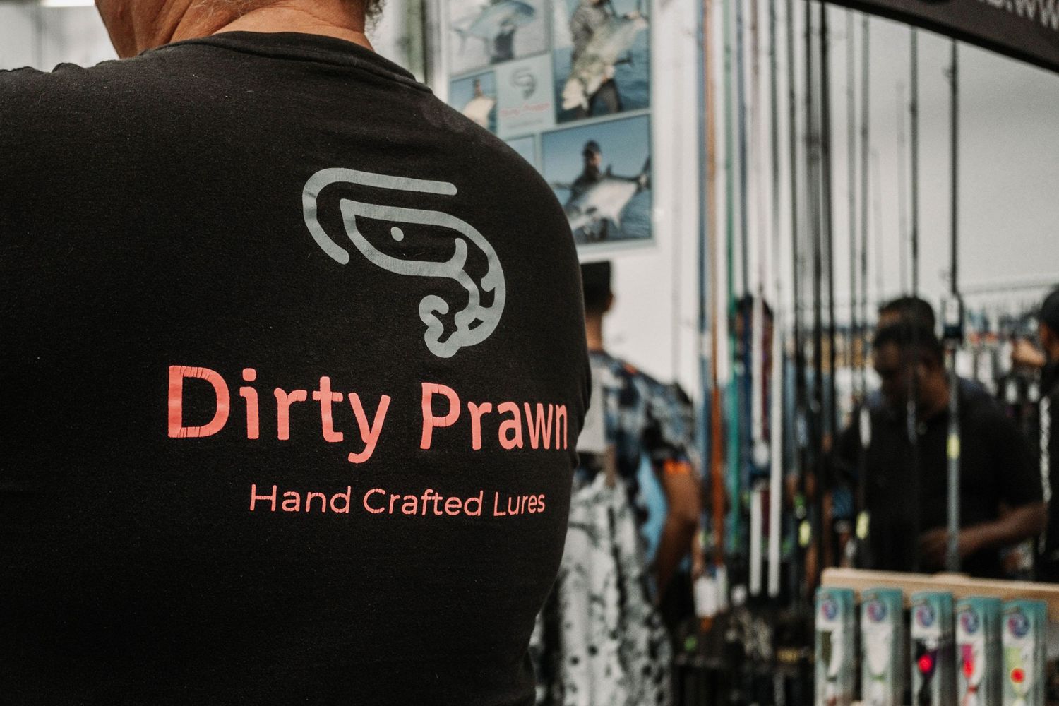Black t-shirt with Dirty Prawn logo and text for hand crafted lures.