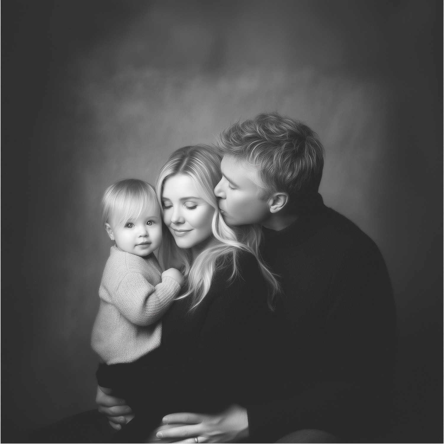 A tender black and white family portrait showing parents and baby in an intimate moment against a dark background.