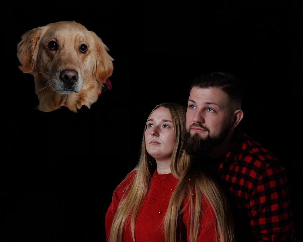 A sequence of photos shows a couple in red plaid and sweaters against a dark background creating a romantic mood.