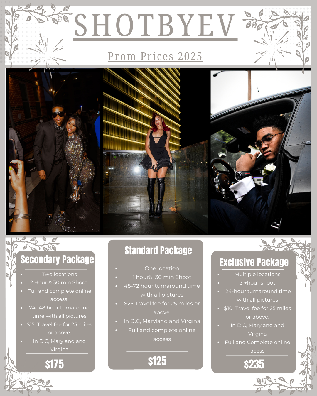 Photography pricing menu for prom packages with decorative border and sample photos.