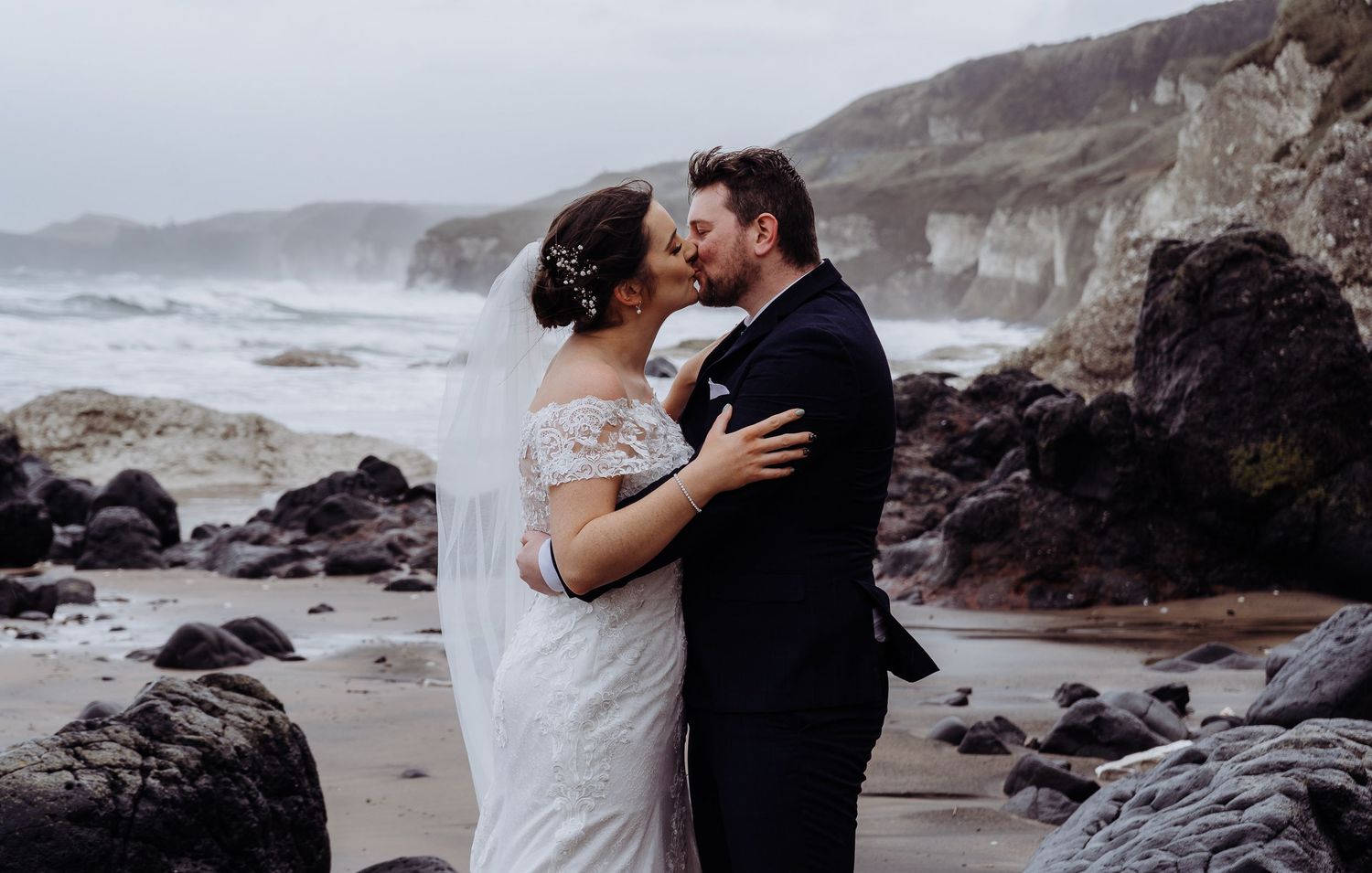 Adventurous wedding portraits, Whiterocks beach Northern Ireland
