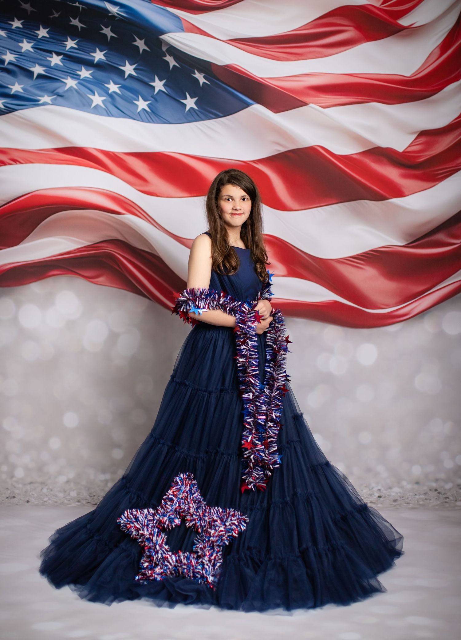 Enchanting portrait in purple flowing dress among blooming flowers at twilight.
