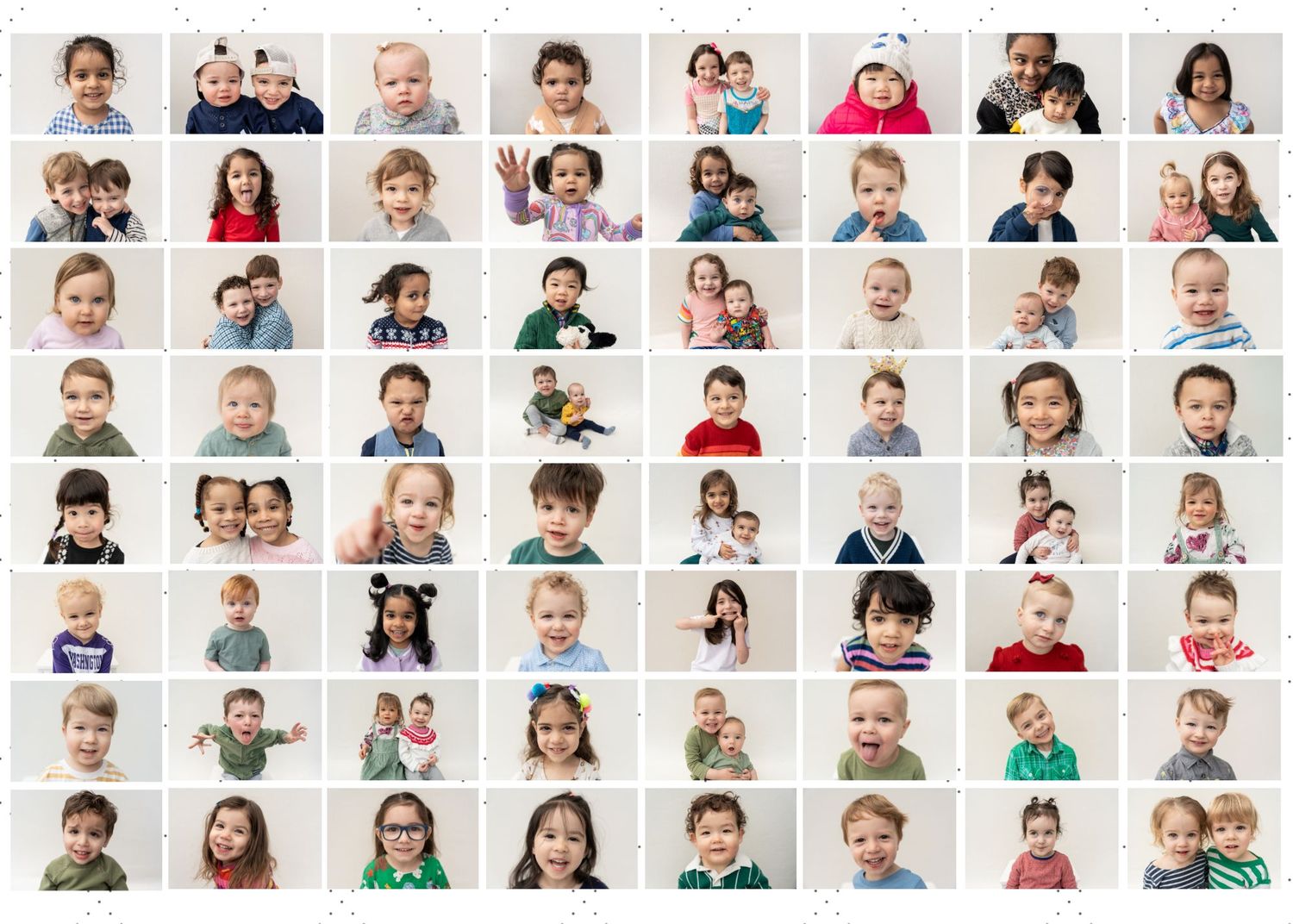 A photo collage grid showing multiple candid portraits of children in casual settings with various expressions and poses.