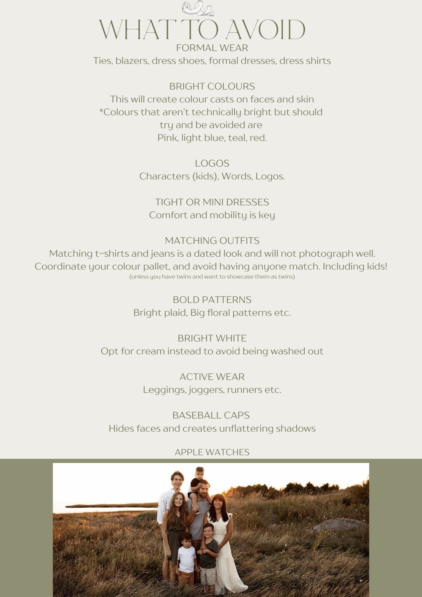 A style guide page showing fashion rules and guidelines with text sections for formal wear, logos, and matching outfits.