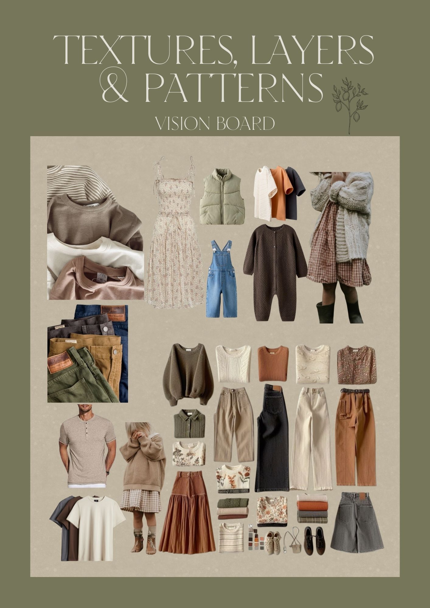 Fashion mood board showcasing neutral colored clothing items with earth tones, textures, and layered styling concepts.