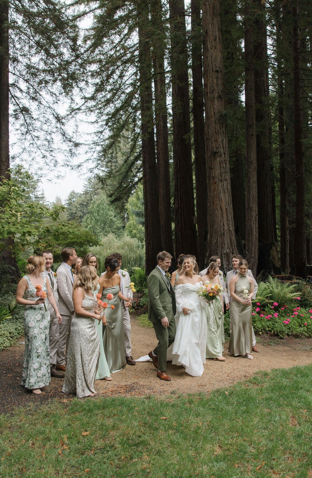 Wedding party in silver dresses gathers in a serene redwood forest setting for outdoor photo session.