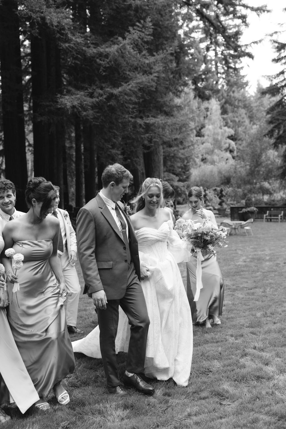 Wedding guests in formal wear form a line on a grassy area surrounded by tall evergreen trees.