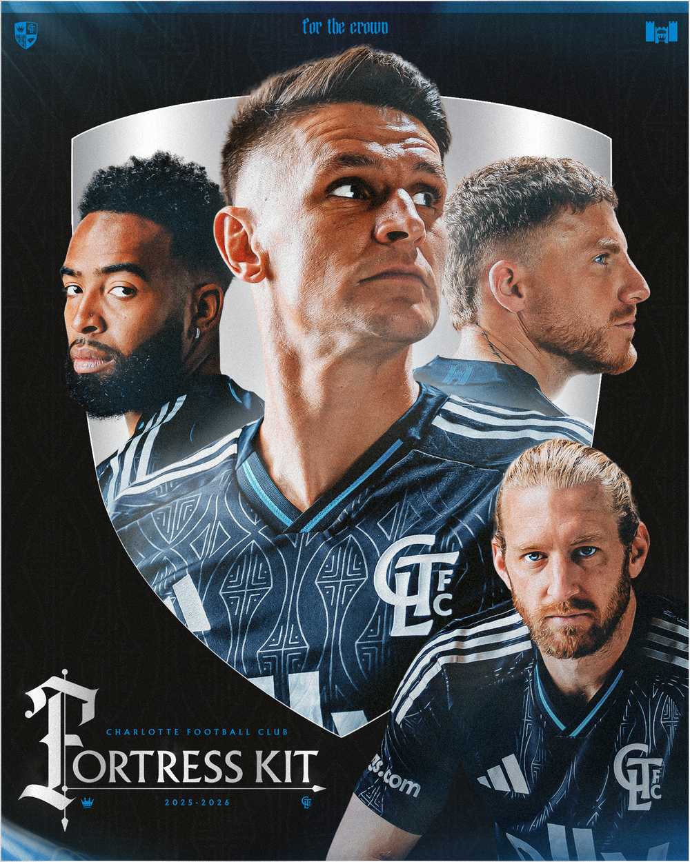 Charlotte FC players modeling the dark Fortress Kit with gothic branding and blue accents.