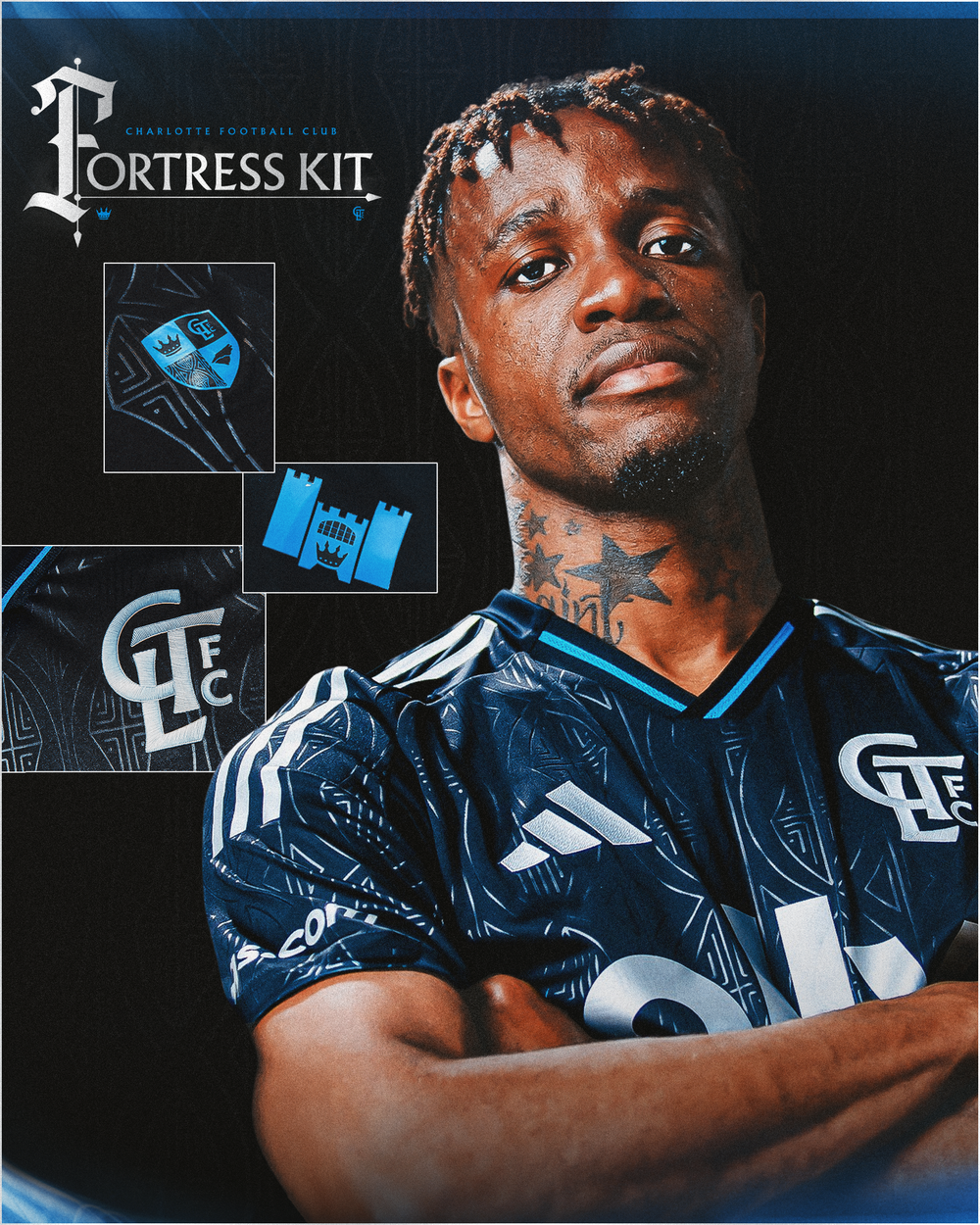 Charlotte FC player wearing the black Fortress Kit with blue CFC monogram and Adidas branding.