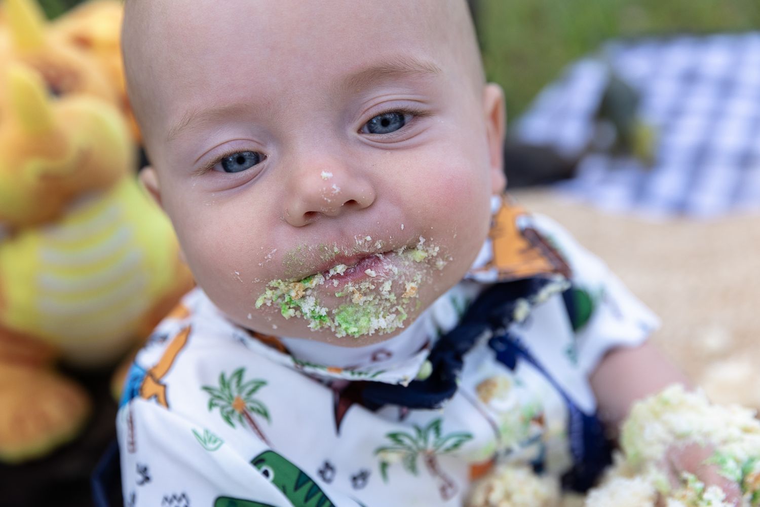 Baby boy eating cake with cake all around his face at a dinosaur cake smash professional photo shoot