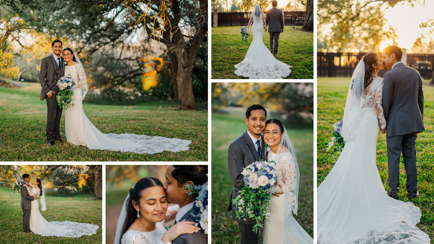 Romantic bride and groom portraits in golden sunset light on lush green lawn with cathedral veil.