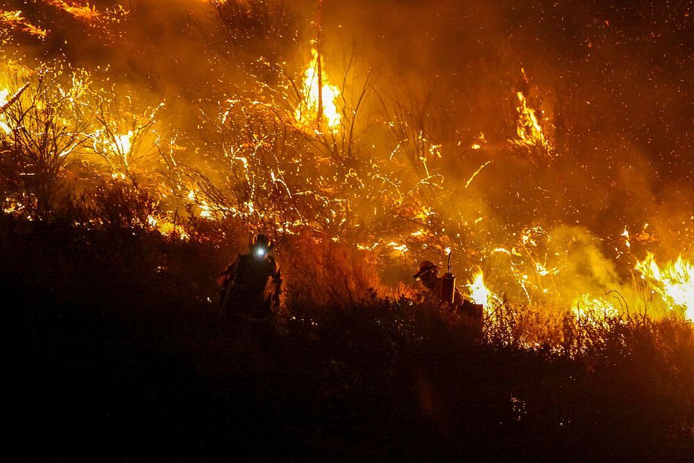Intense wildfire burning through brush at night with bright orange flames illuminating the darkness.