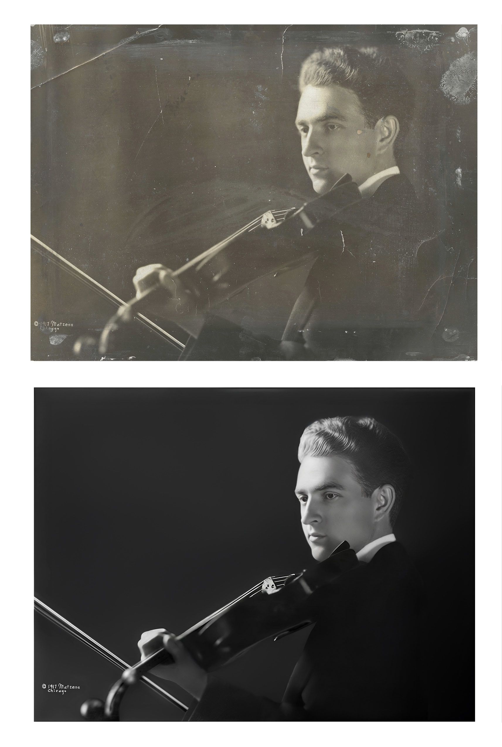 Restored portrait photograph of fanous violinist Samuel Gardner after professional photo restoration in Miami