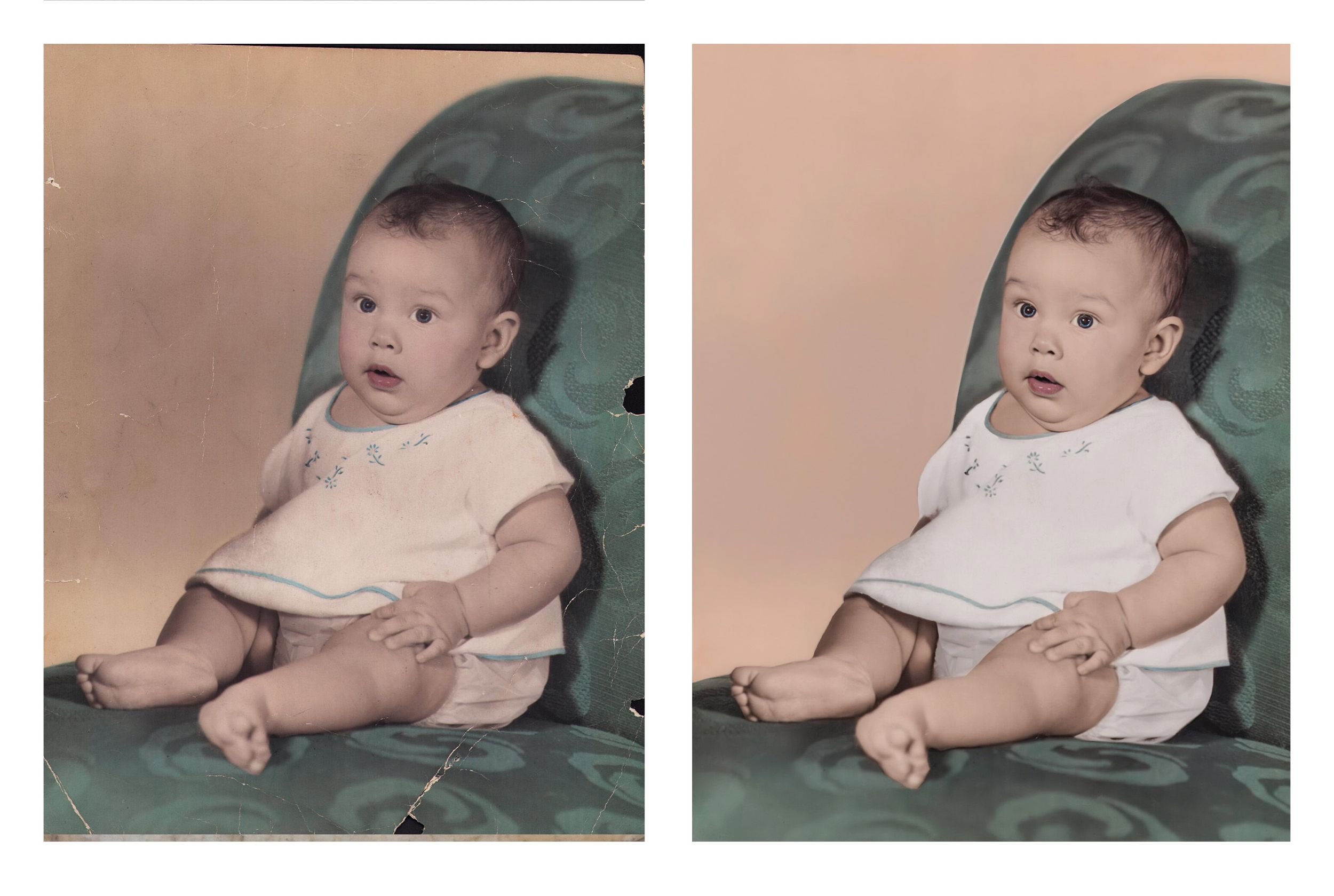 Professional photo restoration in Coral Gables restoring damaged baby portrait
