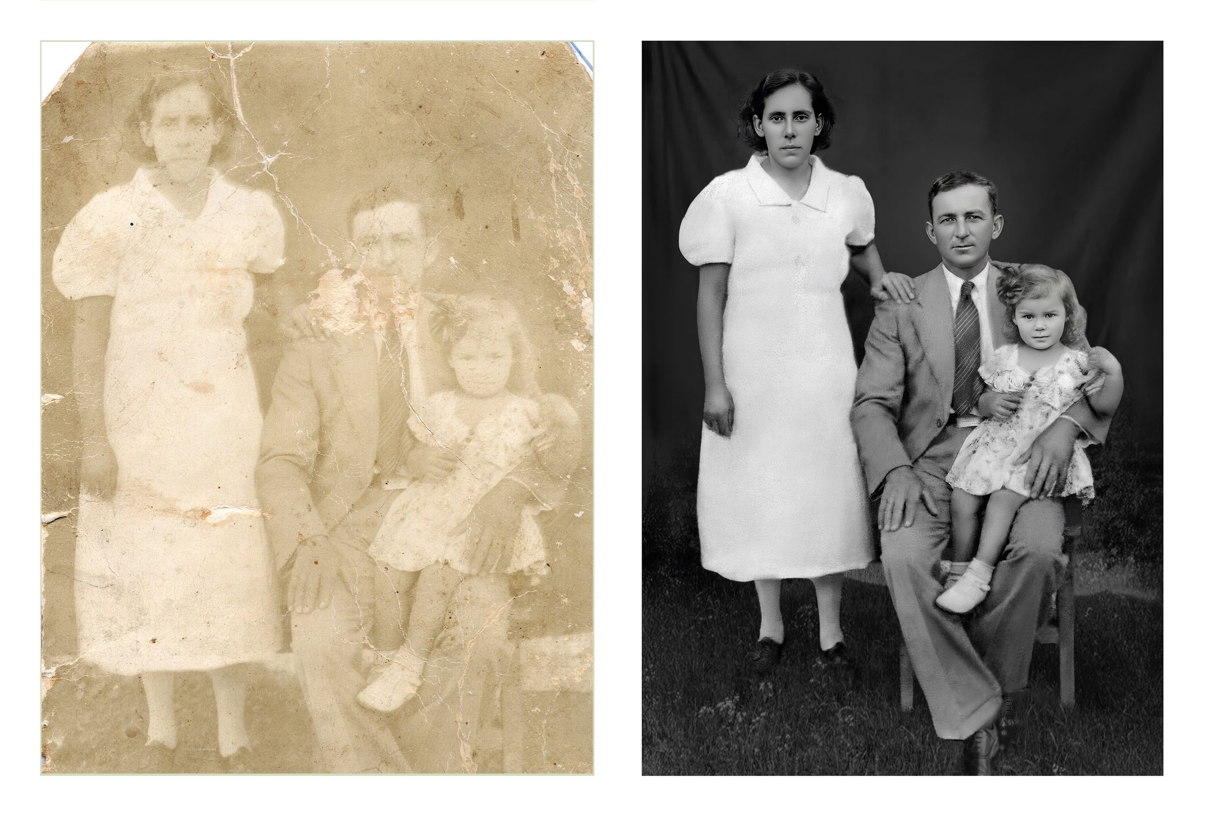 Vintage photo restoration, before and after bringing the photo back to life.