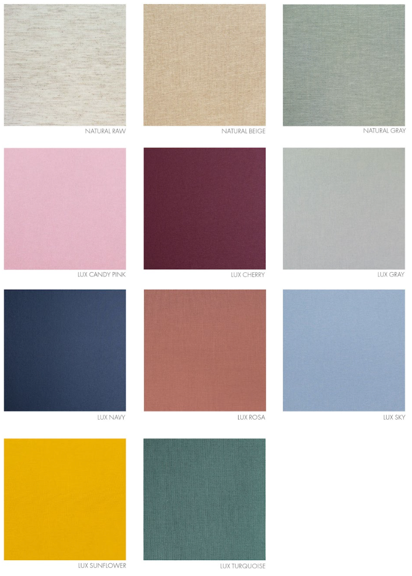 A grid of fabric swatches showing various colors including pink, navy, yellow, and sage green arranged in a neat pattern.