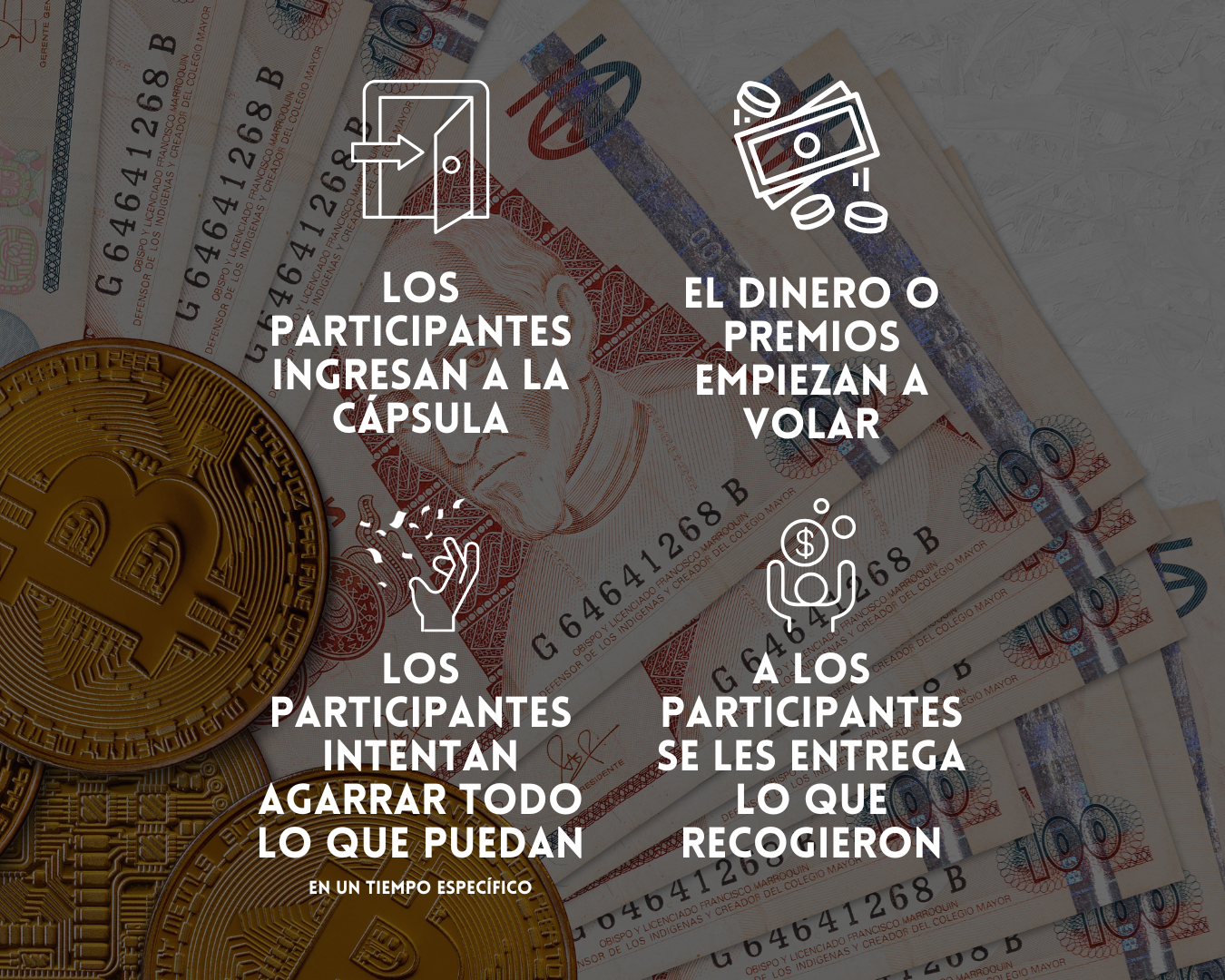 Experiencia Cash Cube con participantes atrapando billetes